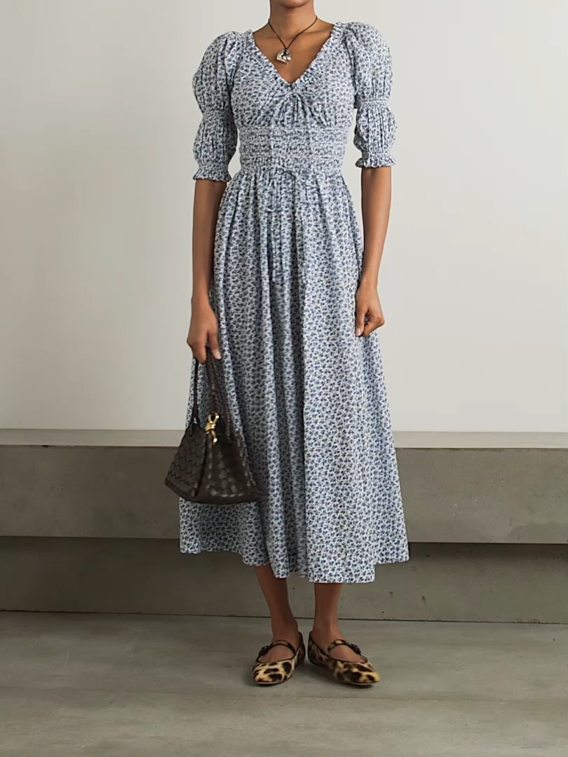 Ischia shirred floral-print organic cotton-voile midi dress
