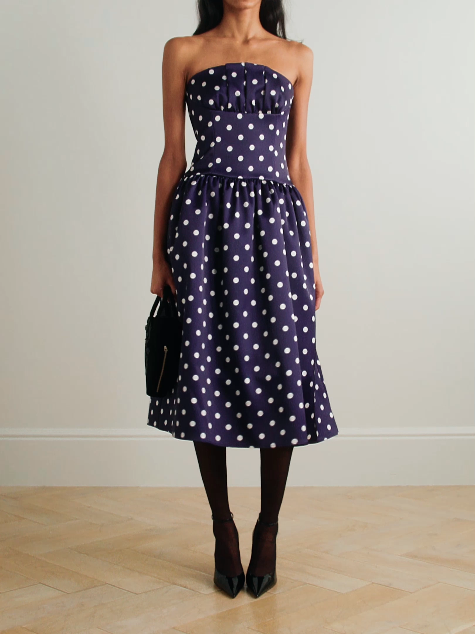 Strapless pleated polka-dot satin midi dress