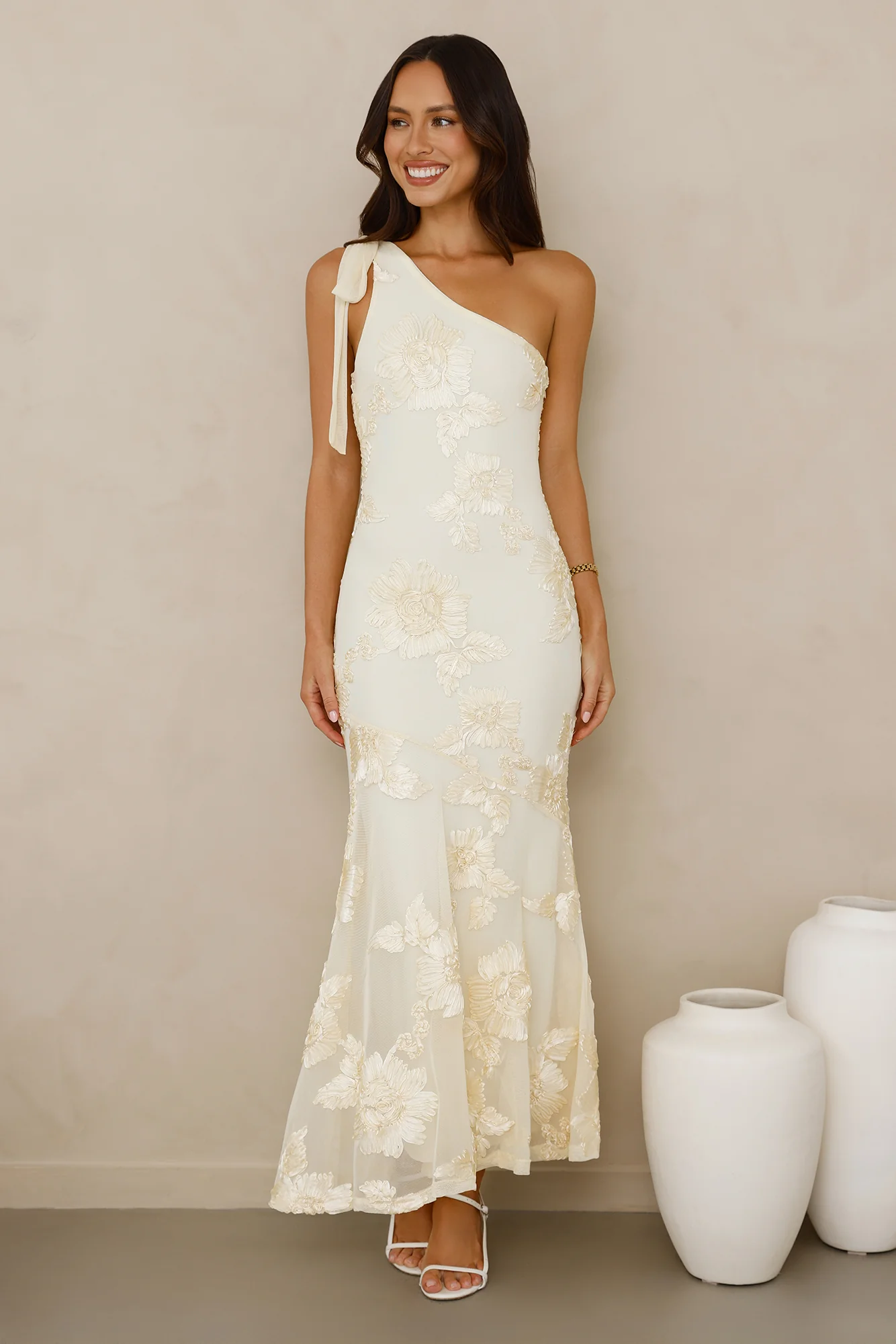 Glossy Girl One Shoulder Mesh Maxi Dress Yellow