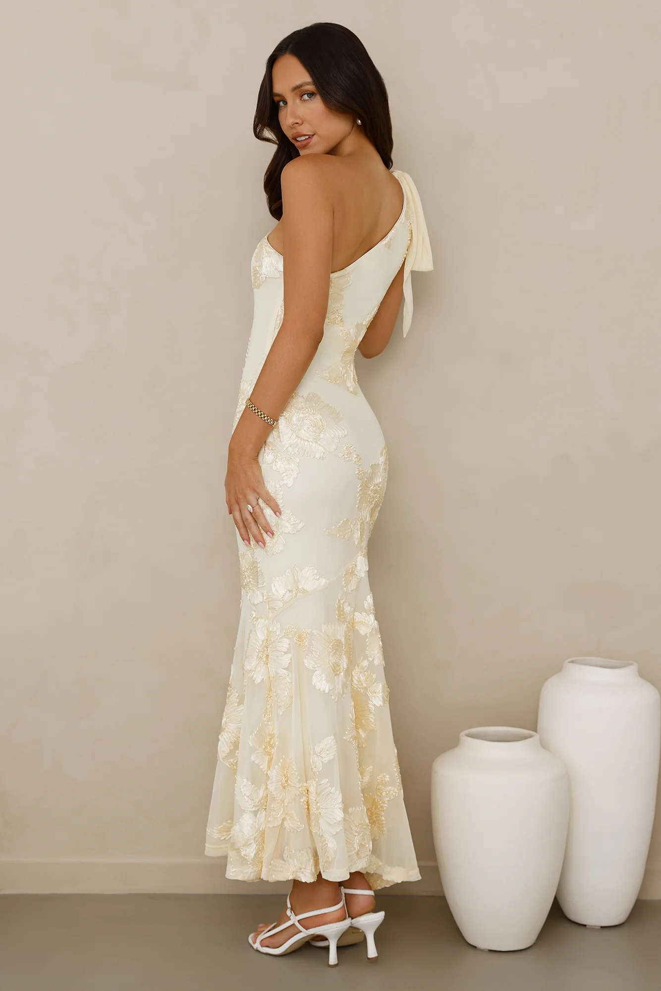 Glossy Girl One Shoulder Mesh Maxi Dress Yellow